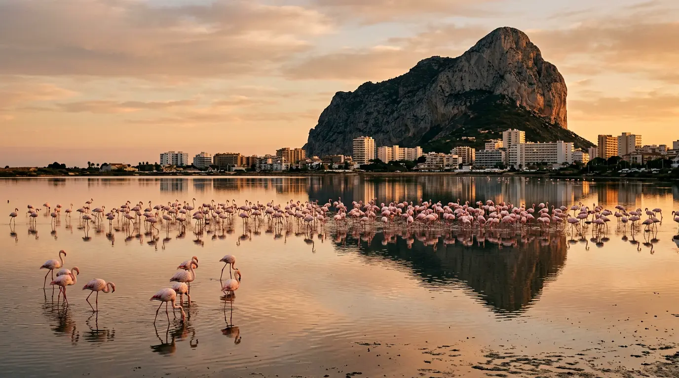 Flamingos wading in the Las Salinas lagoon with the Peñón de Ifach behind