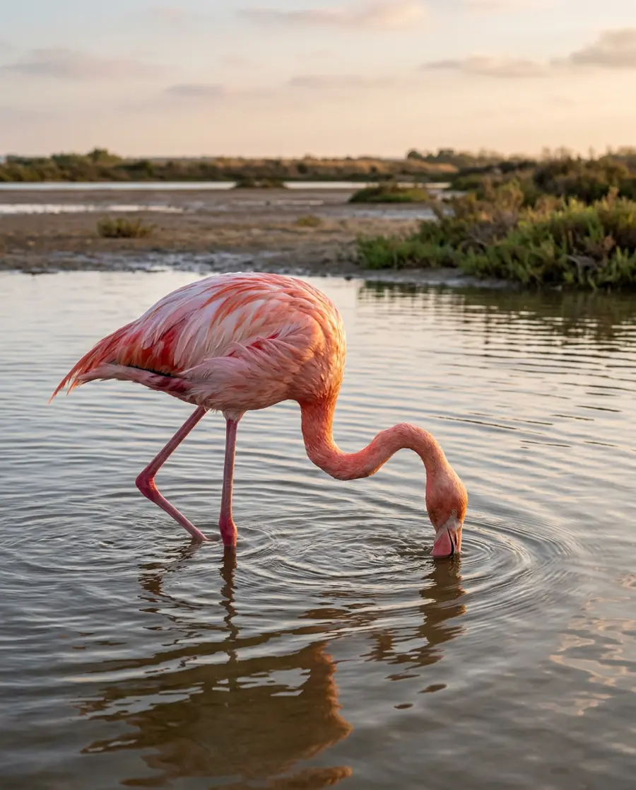 A flamingo feeding with its head down in shallow water